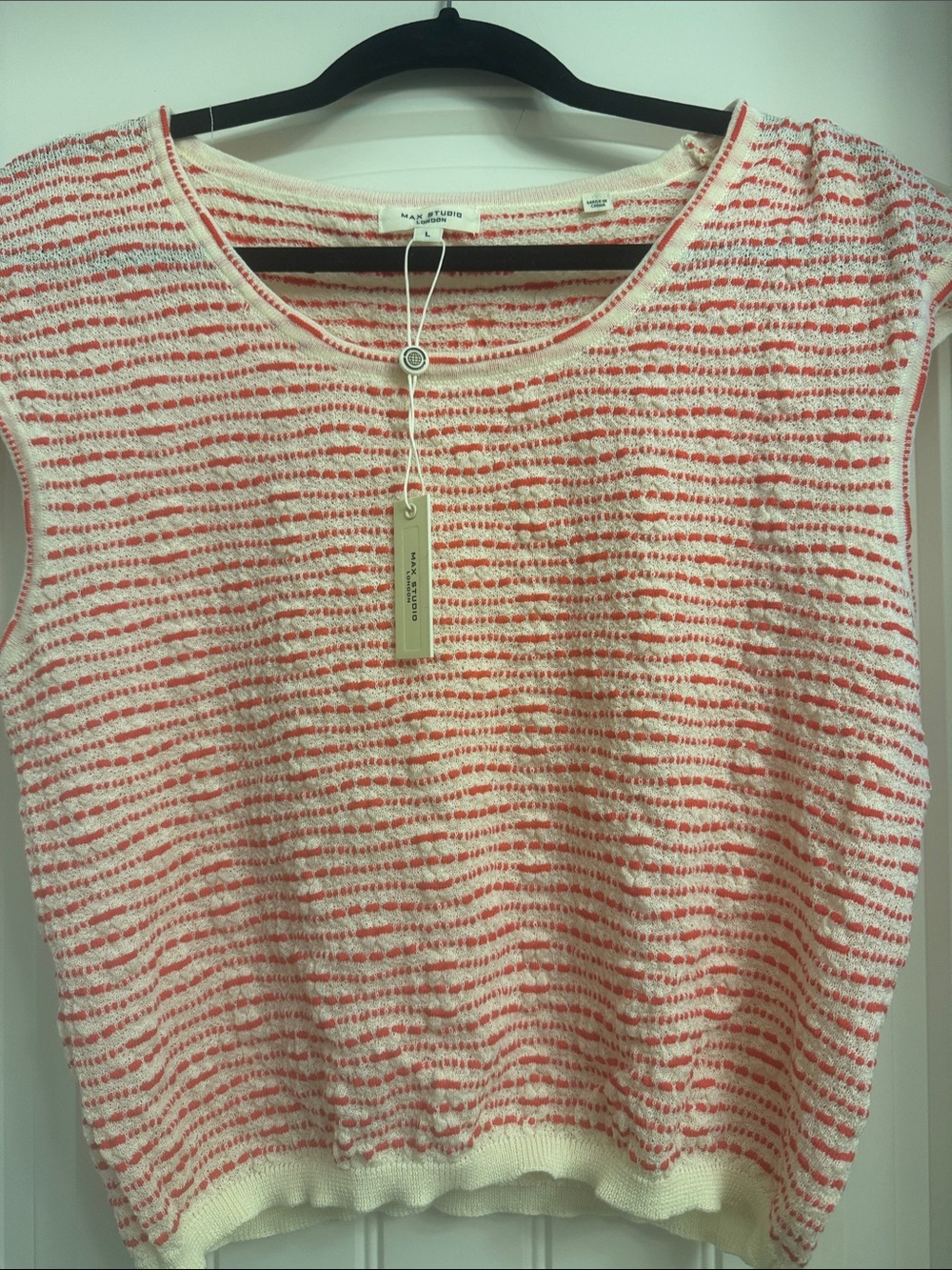 Max Studio Cream white and red Striped Sleeveless Knit Top, new, soft